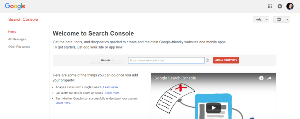 Search Console homepage