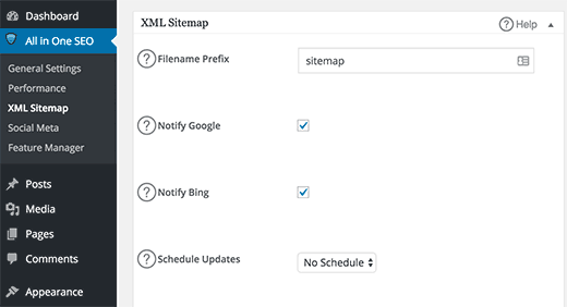 XML sitemaps settings