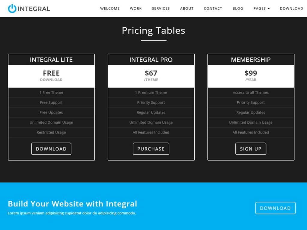 Intergral WordPress theme pricing section