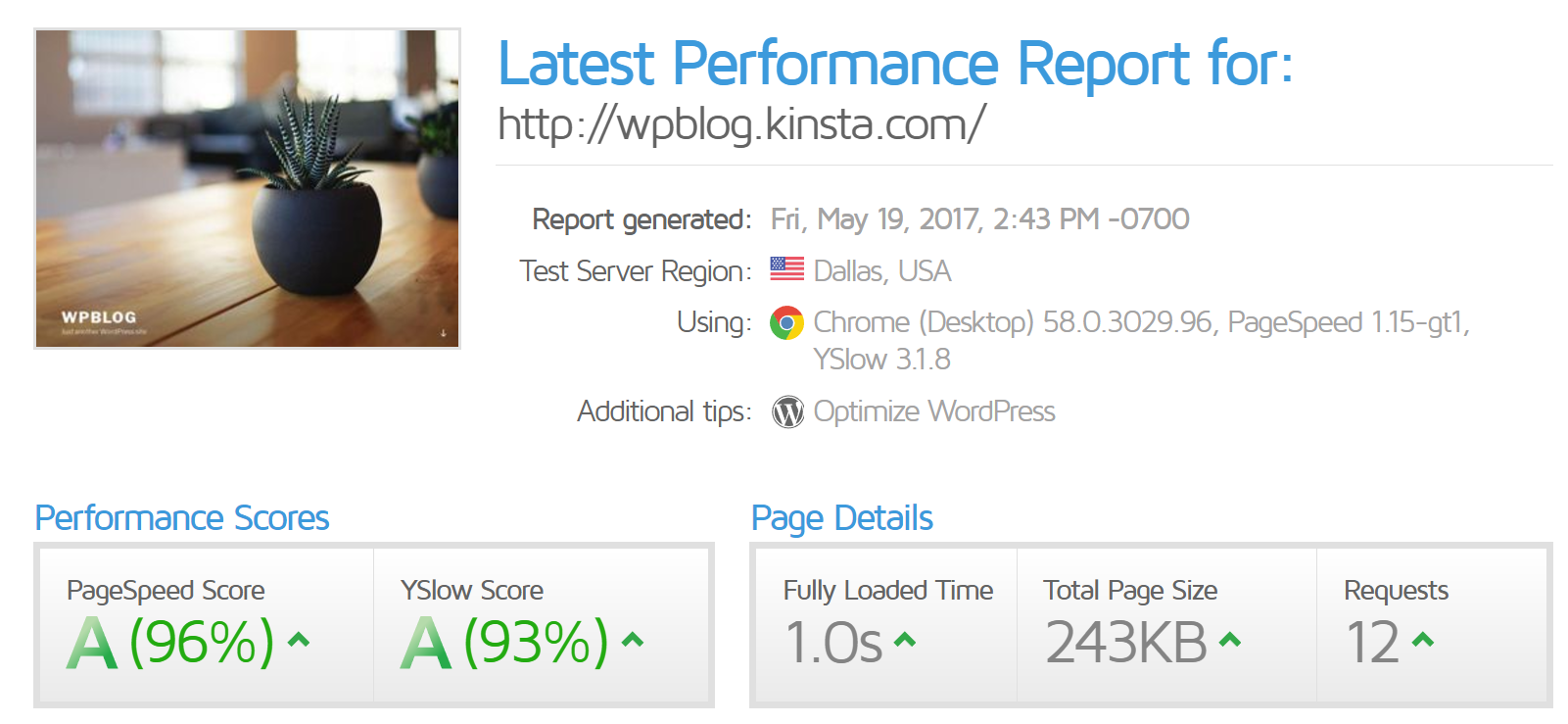 Kinsta web hosting Performance Testing on GTmetrix